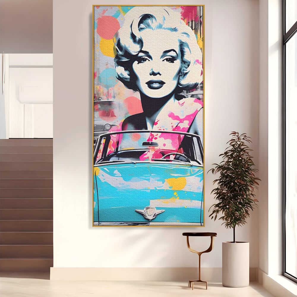 Tablou canvas cu tablou canvas cu marilyn monroe si masina, in rama de aluminiu auriu